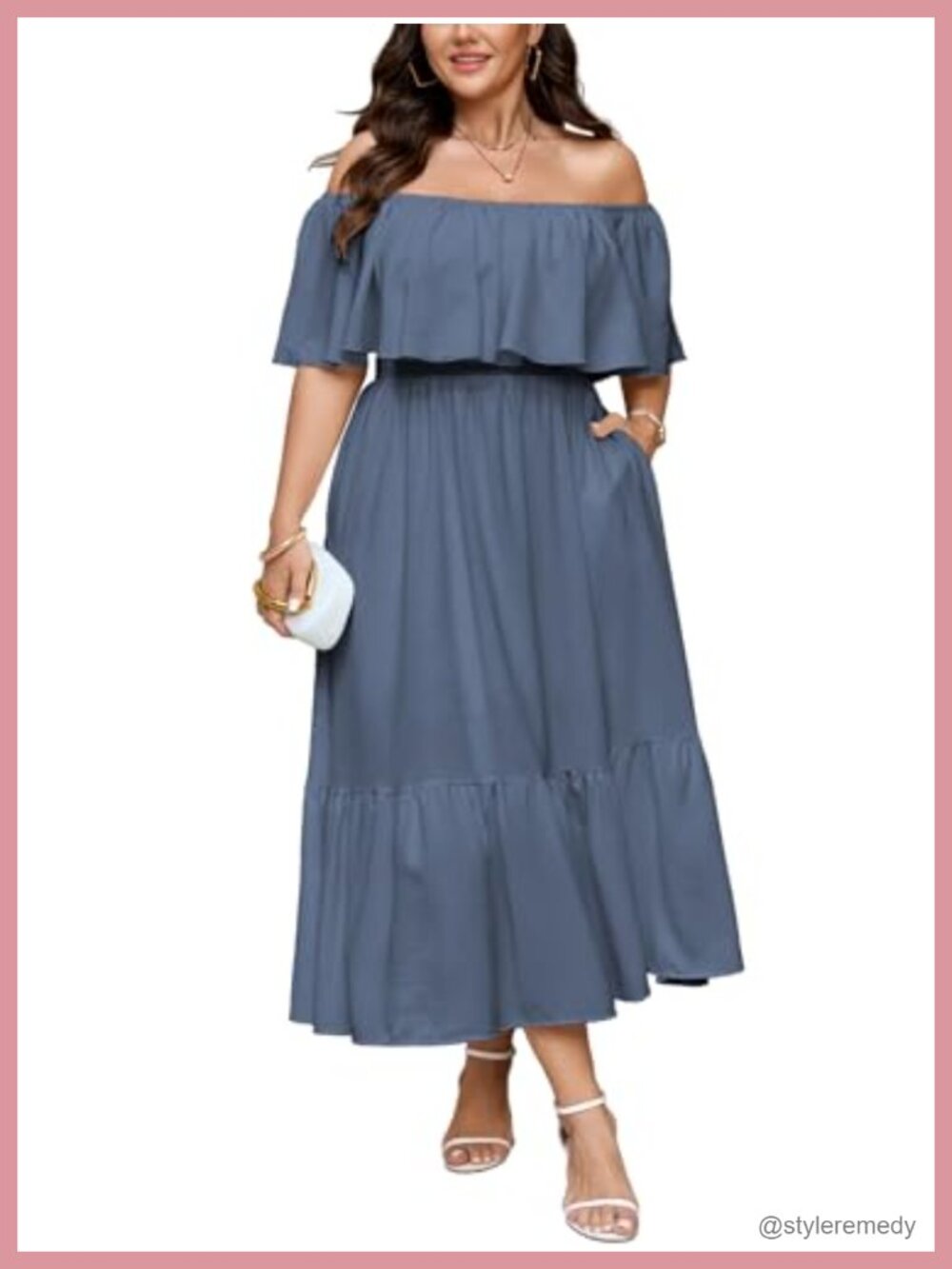Plus Size Off Shoulder Maxi Dress with Pockets Smocked Waist Wedding Guest